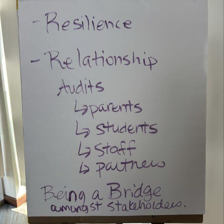 Flip chart notes from a working session on resilience, relationship audits and being a bridge among stakeholders